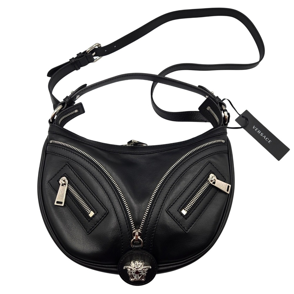 NWT Versace Repeat Small Hobo Bag Black Leather Medusa Biker Zipper - Picture 1 of 10